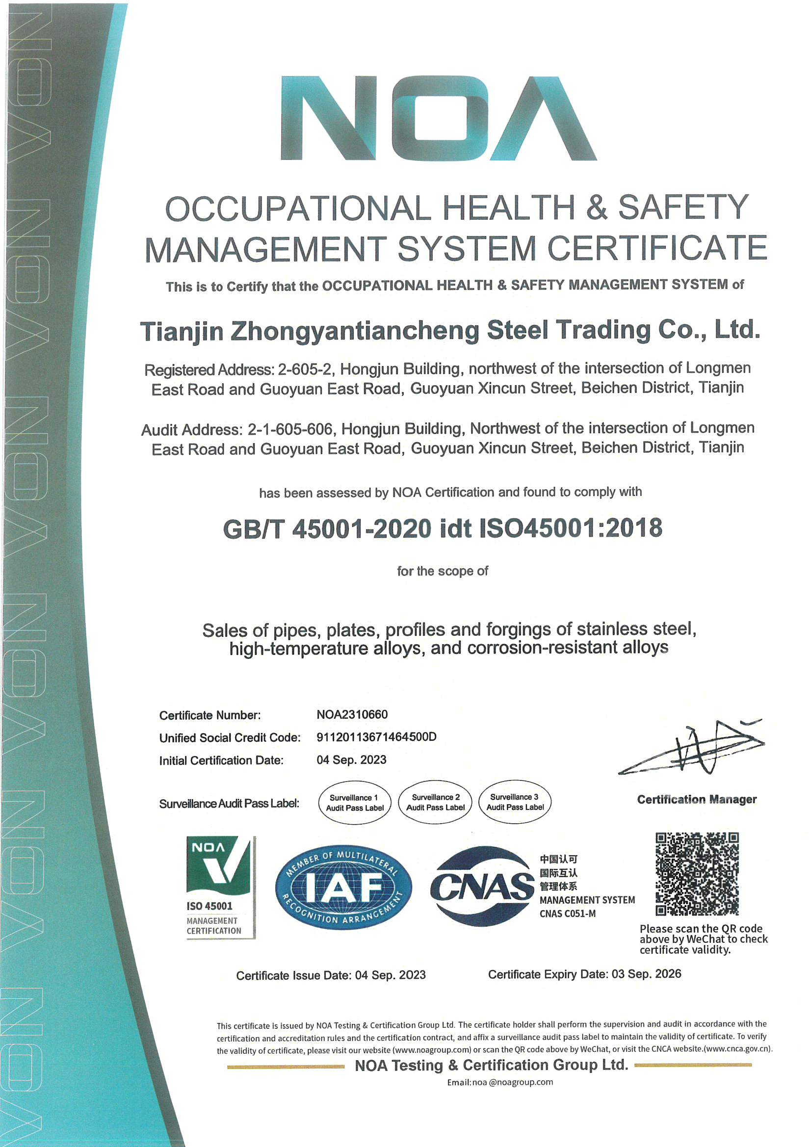 ISO45001:2018 OCCUPATIONAL HEALTH & SAFETY MANAGEMENT SYSTEM CERTIFICATE